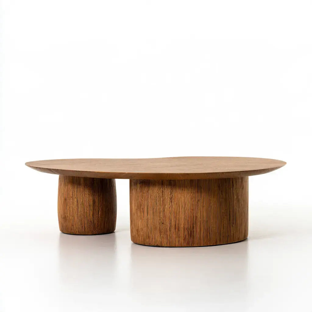 Mesa de centro ovalada con dos apoyos cilíndricos - marrón