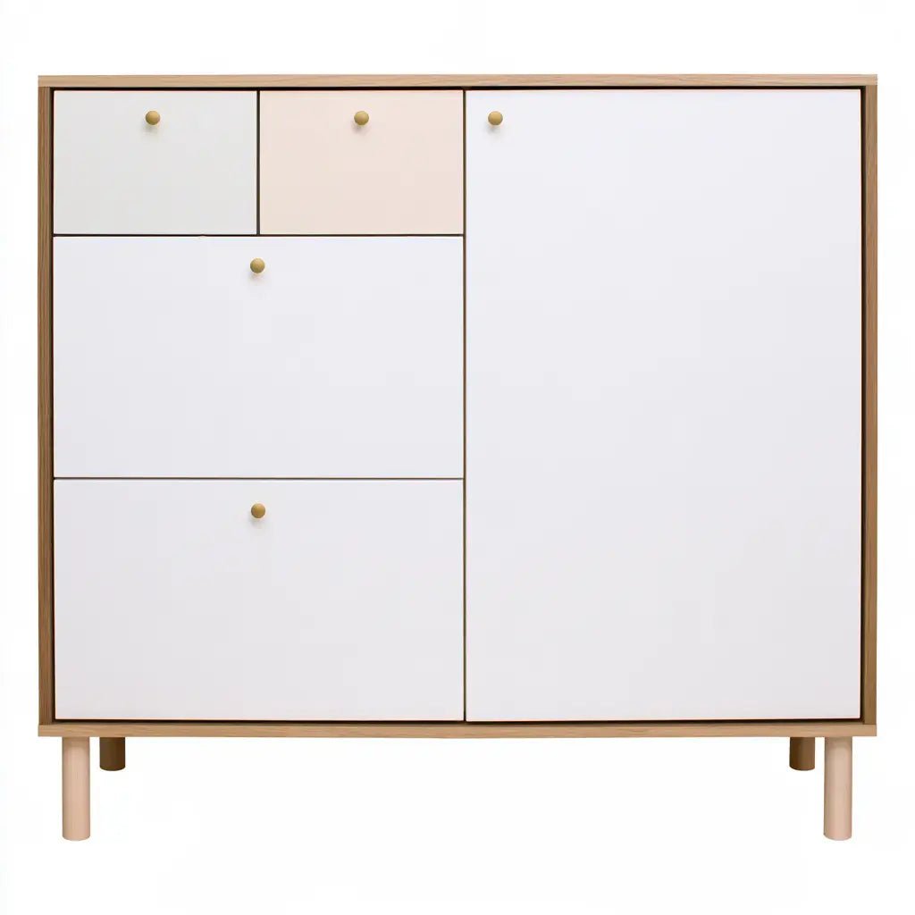 Aparador con puerta lateral y cajones asimétricos - blanco/beige