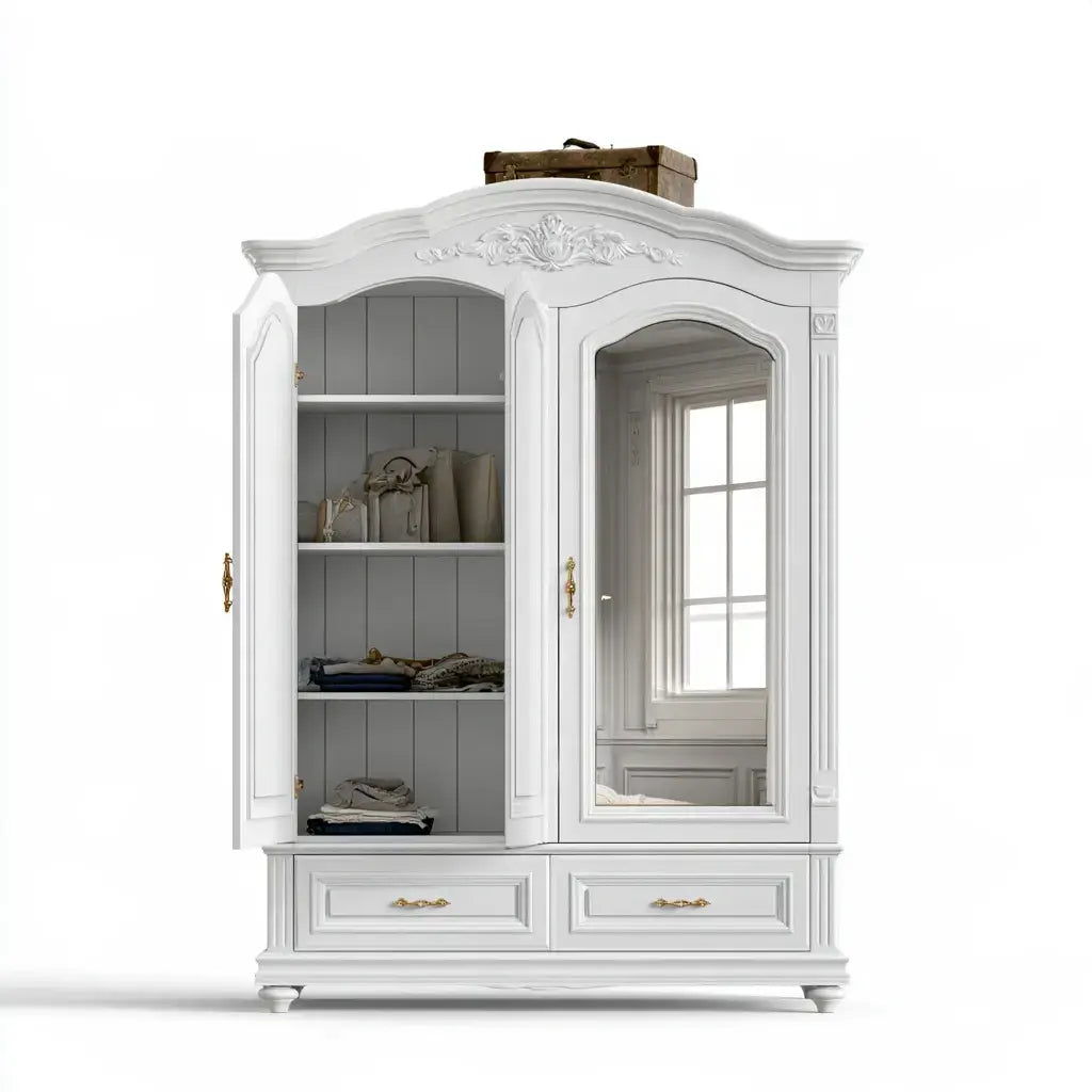 Vitrina con remate ornamental y cajones bajos - blanco