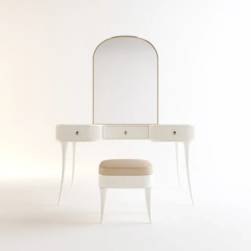 Tocador con espejo arqueado y taburete - blanco