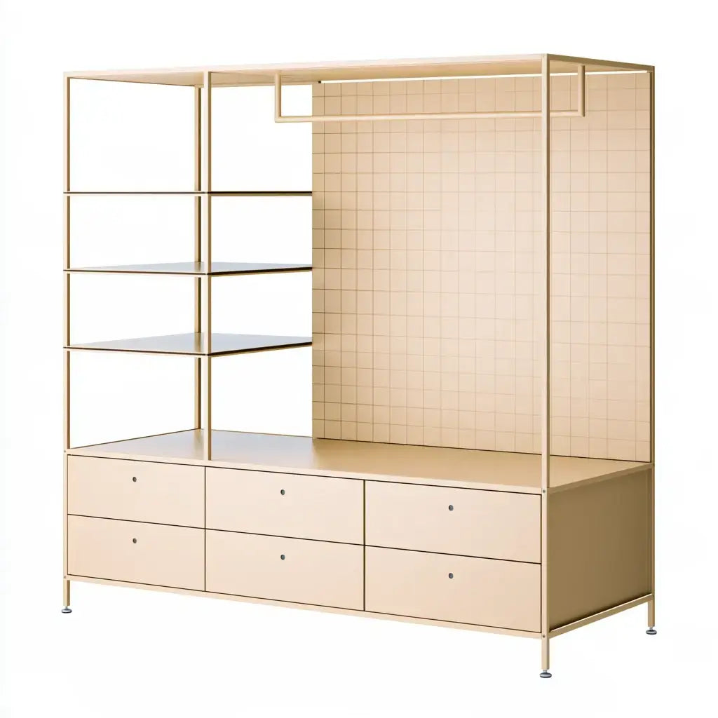 Perchero con panel de rejilla y cajones bajos - beige