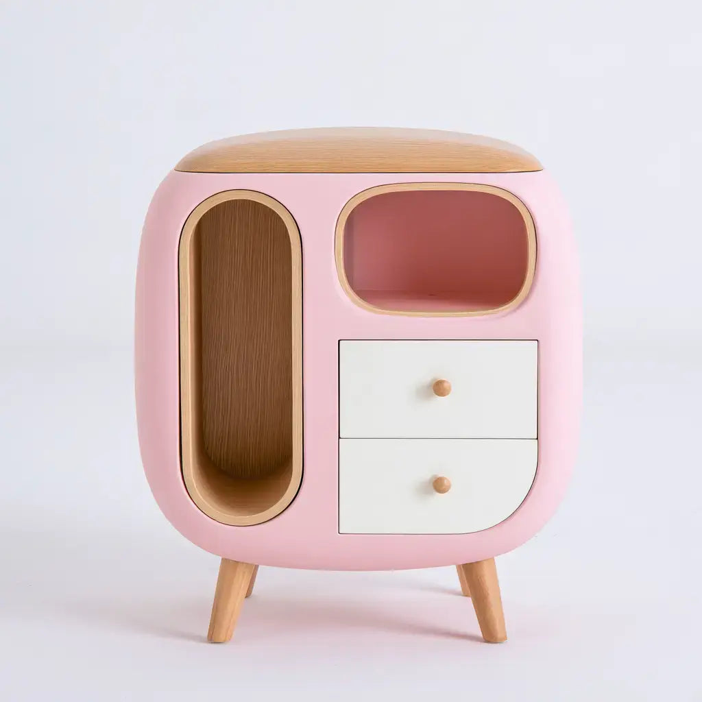 Mesita de noche con nichos curvos y cajones claros - rosa/beige