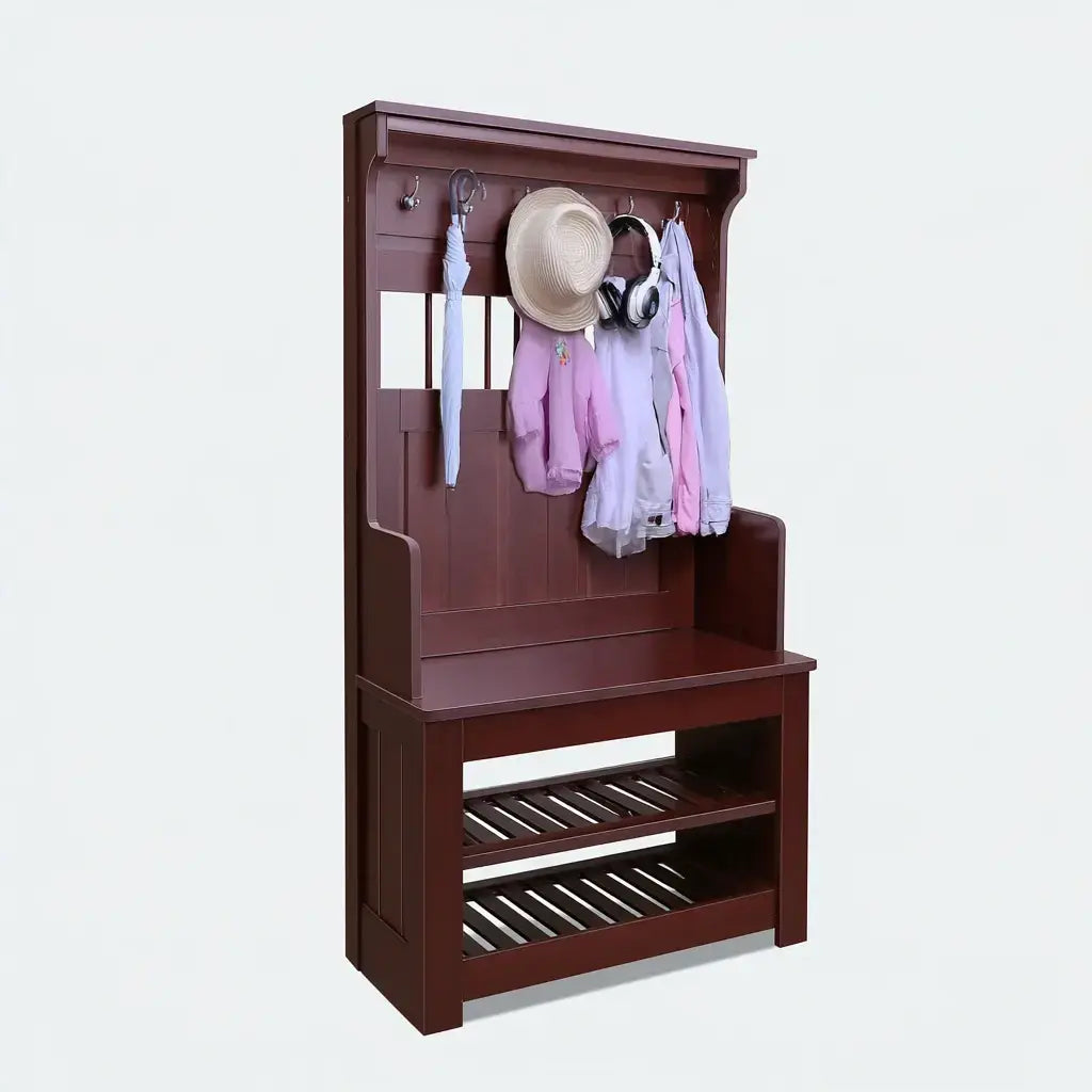 Mueble de entrada con perchas y zapatero inferior - marrón