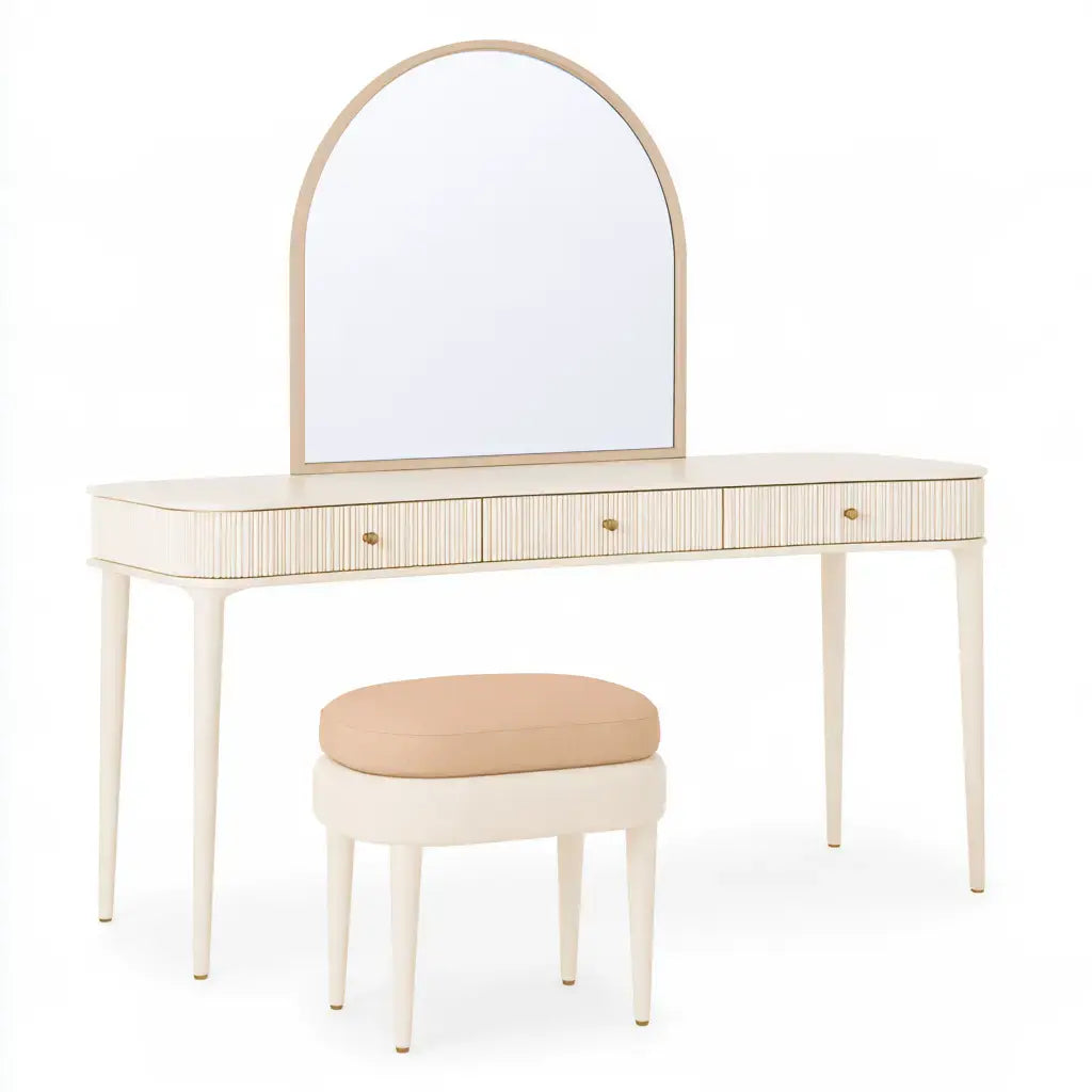 Tocador con espejo arqueado y taburete - beige