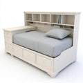 Cama con cabecero de estantes y cajones bajos - beige